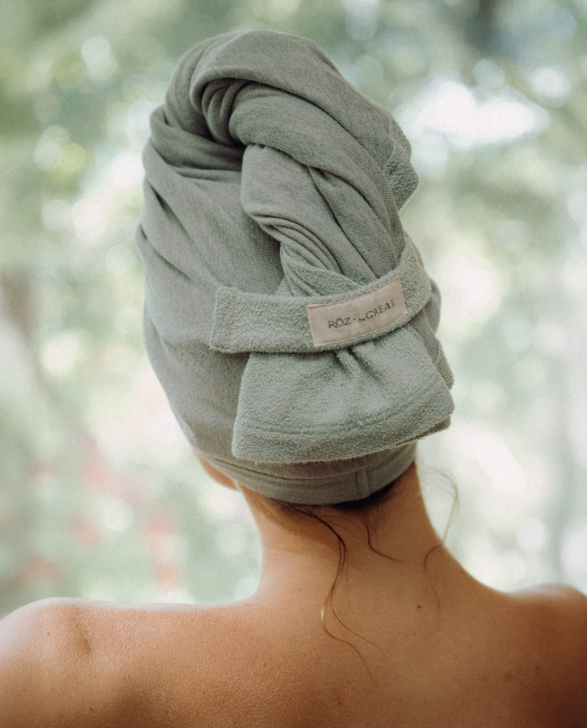 RŌZ + The GREAT The Sweatshirt Hair Towel. -- Seaglass