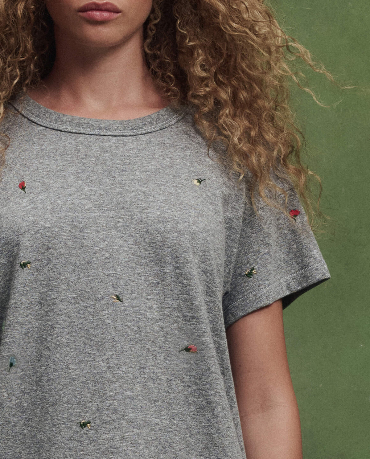 The Boxy Crew w/ Tossed Floral Embroidery. -- Heather Grey