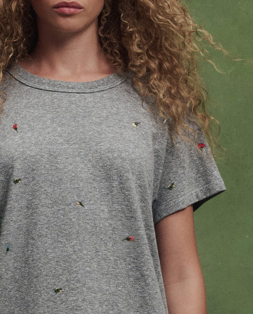 The Boxy Crew w/ Tossed Floral Embroidery. -- Heather Grey