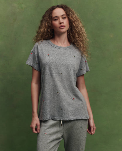 The Boxy Crew w/ Tossed Floral Embroidery. -- Heather Grey