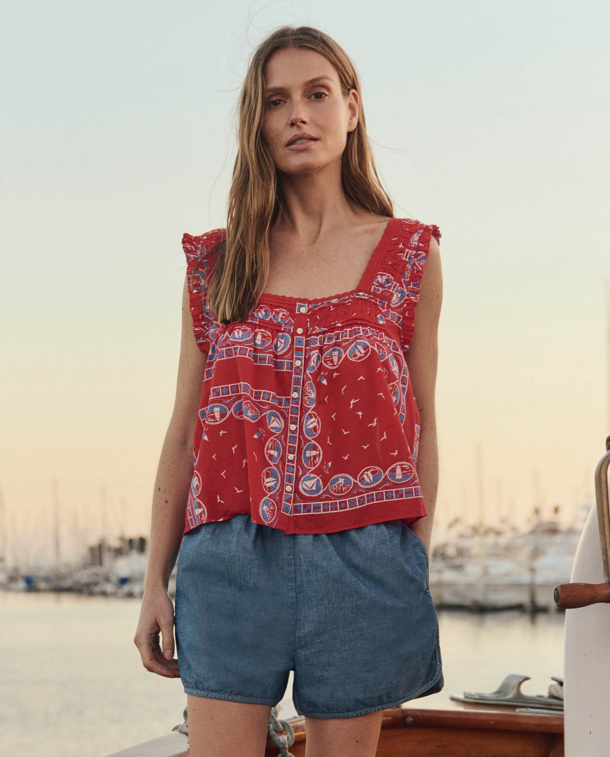 The Victorian Pleat Tank. -- Red Sailboat Bandana