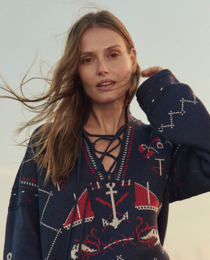 The Fisherman Laceup Pullover. -- Navy