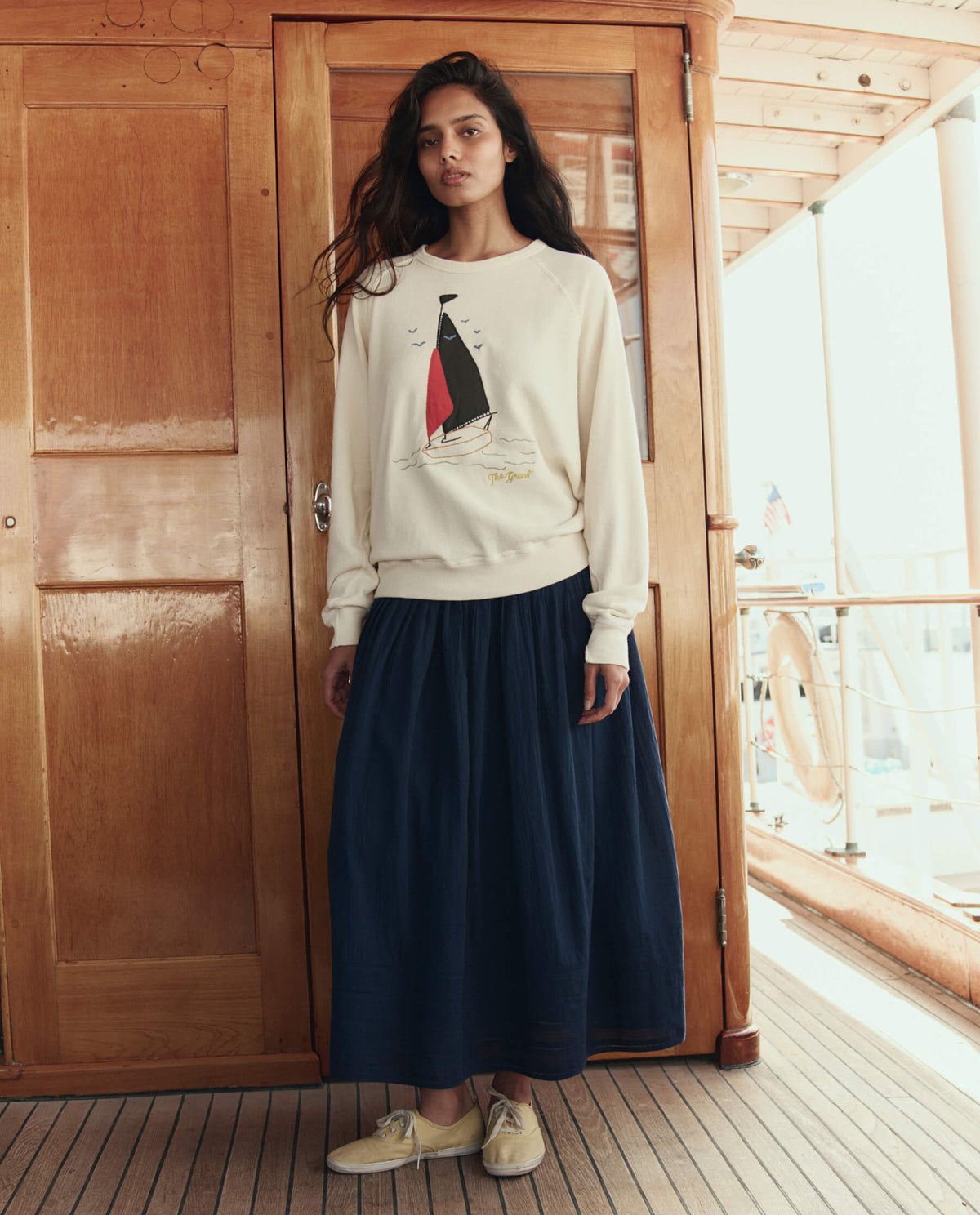 The College Sweatshirt w/ Sailing Boat Applique. -- Washed White