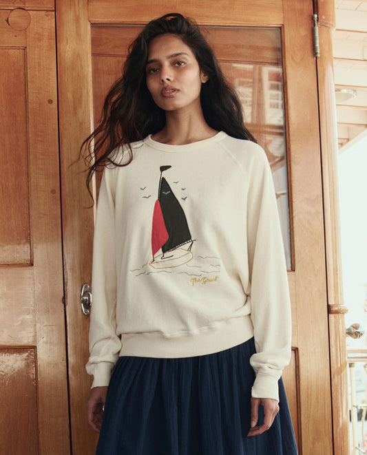 The College Sweatshirt w/ Sailing Boat Applique. -- Washed White