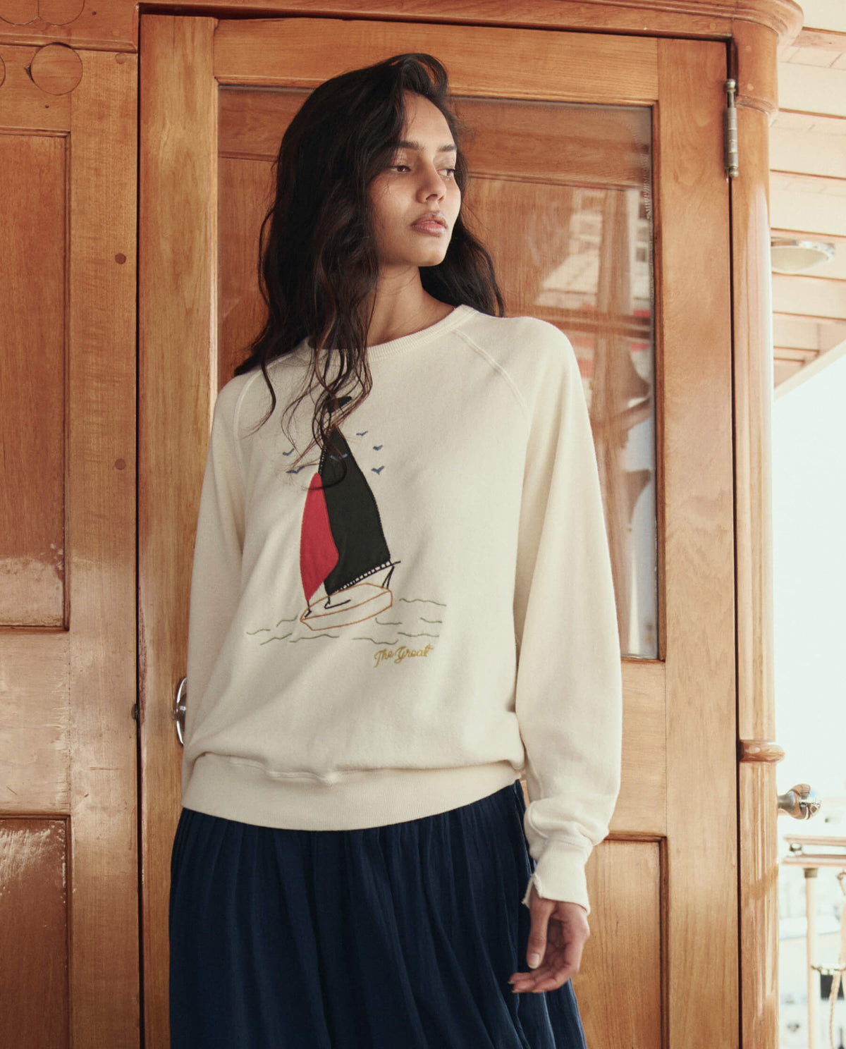 The College Sweatshirt w/ Sailing Boat Applique. -- Washed White