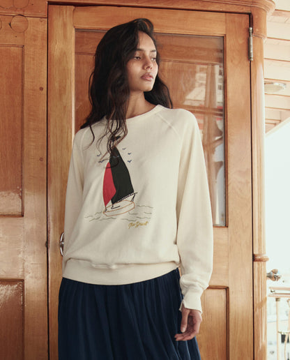 The College Sweatshirt w/ Sailing Boat Applique. -- Washed White