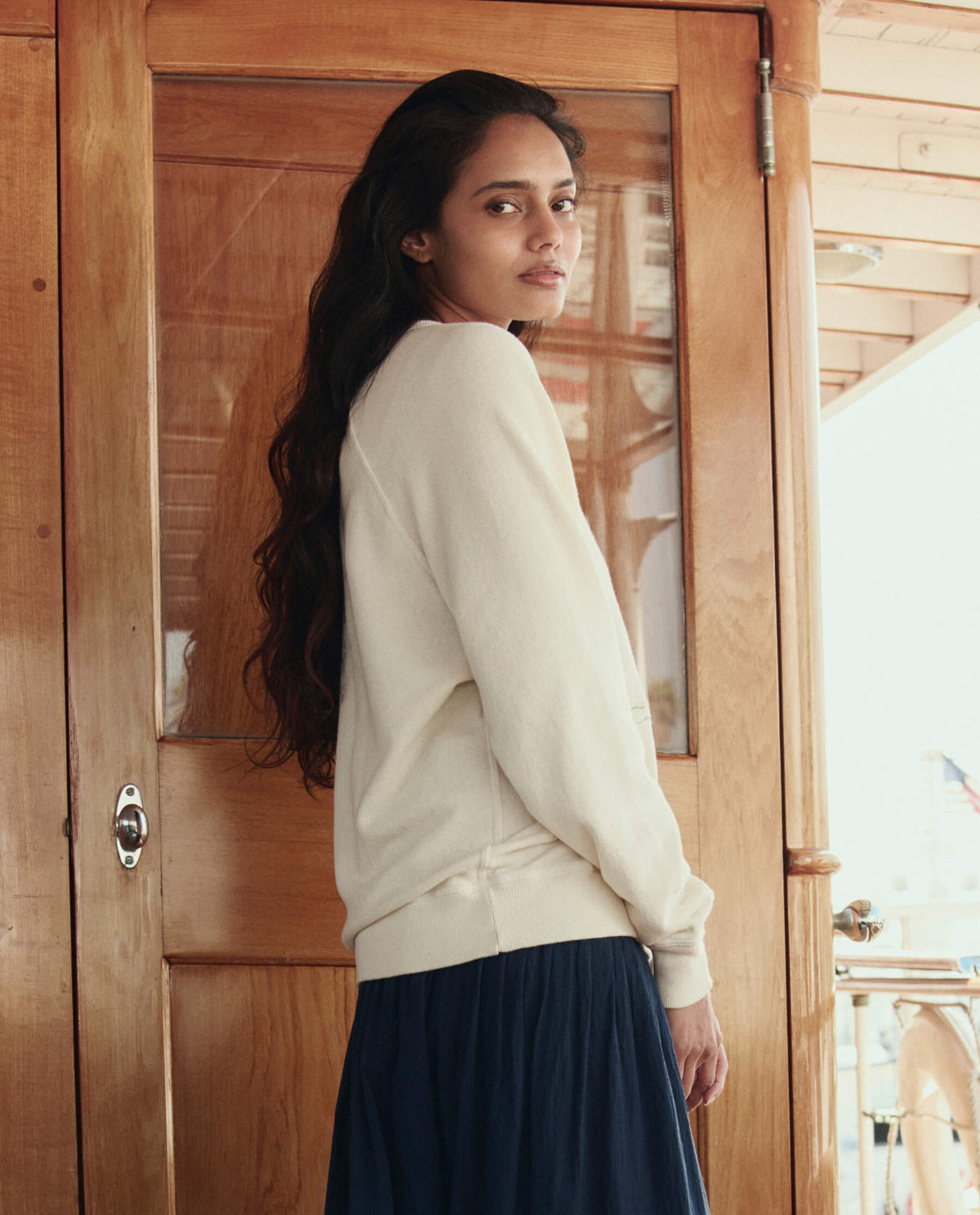 The College Sweatshirt w/ Sailing Boat Applique. -- Washed White