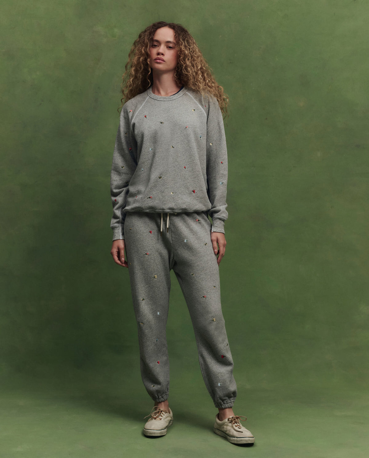 The College Sweatshirt w/ Tossed Floral Embroidery. -- Varsity Grey
