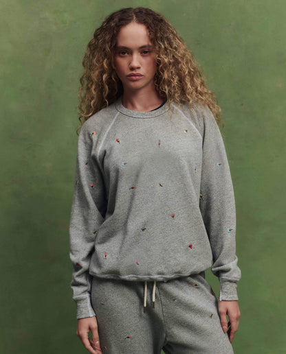 The College Sweatshirt w/ Tossed Floral Embroidery. -- Varsity Grey