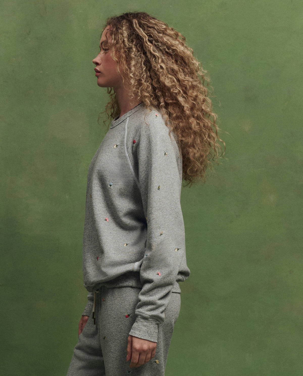 The College Sweatshirt w/ Tossed Floral Embroidery. -- Varsity Grey