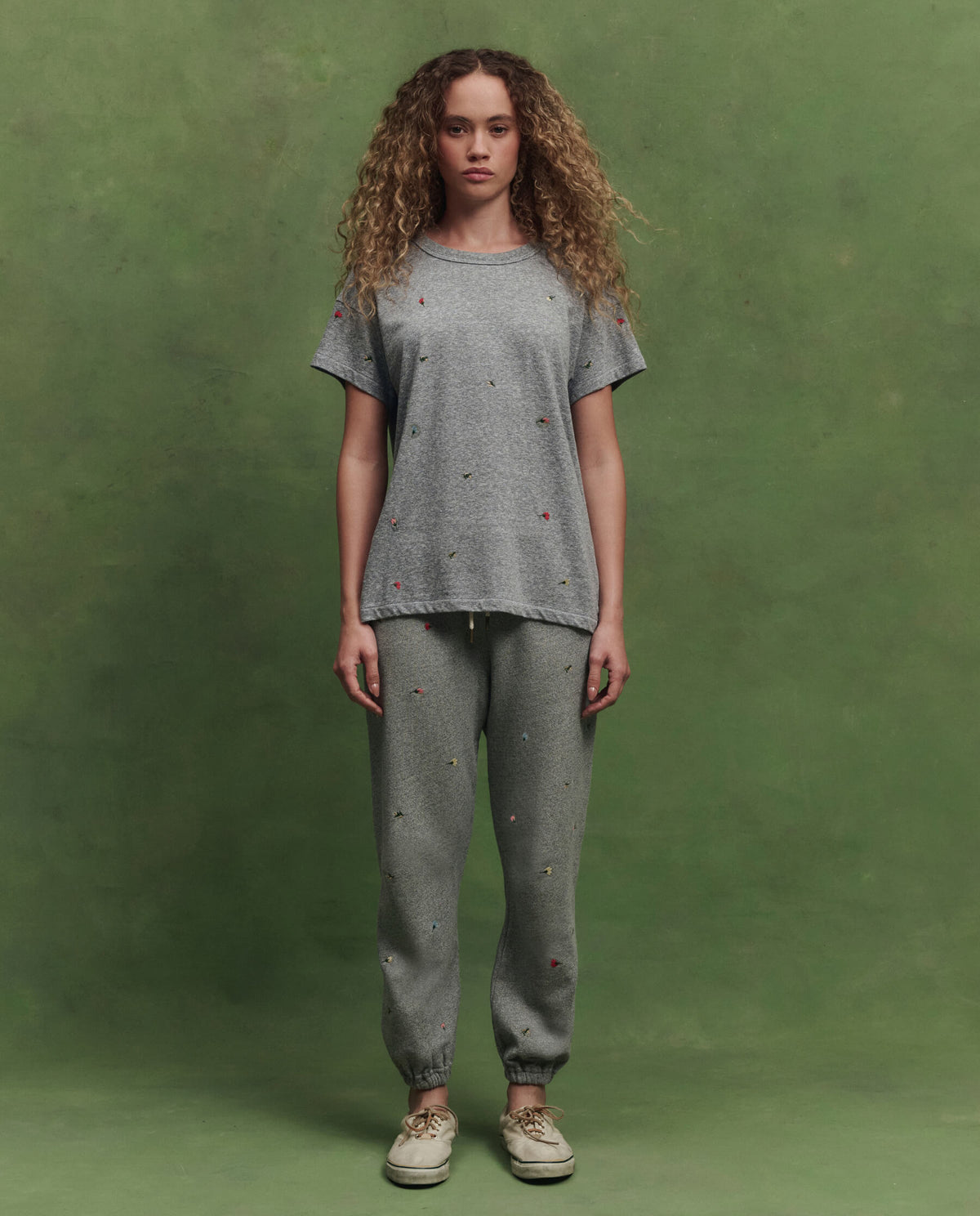 The Boxy Crew w/ Tossed Floral Embroidery. -- Heather Grey