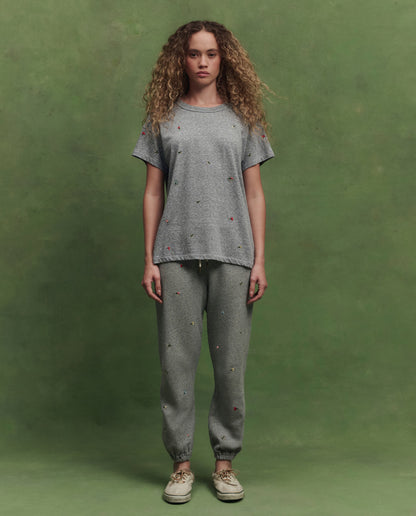 The Boxy Crew w/ Tossed Floral Embroidery. -- Heather Grey