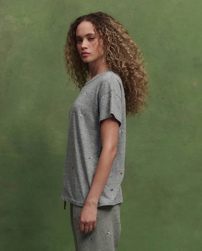 The Boxy Crew w/ Tossed Floral Embroidery. -- Heather Grey