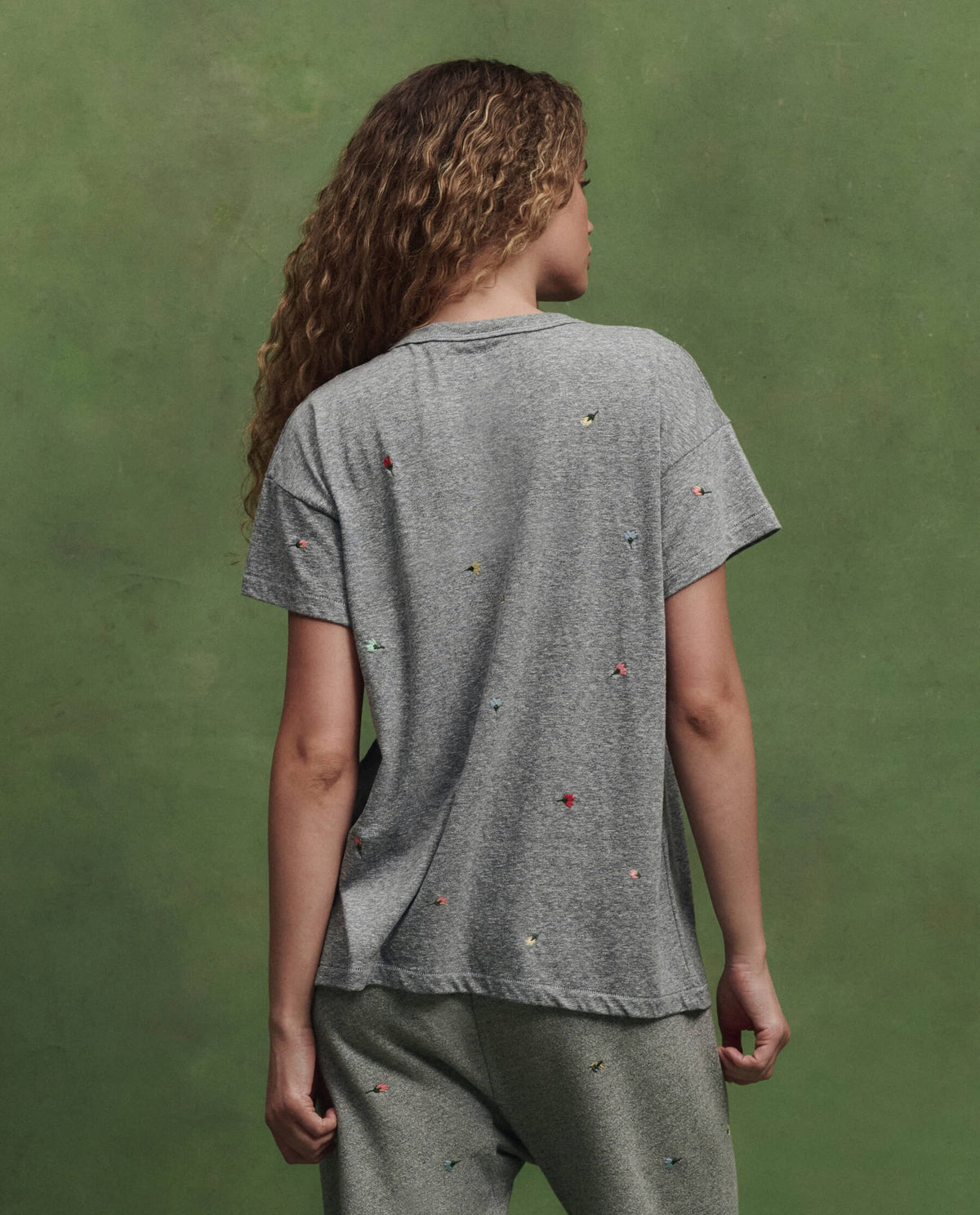 The Boxy Crew w/ Tossed Floral Embroidery. -- Heather Grey