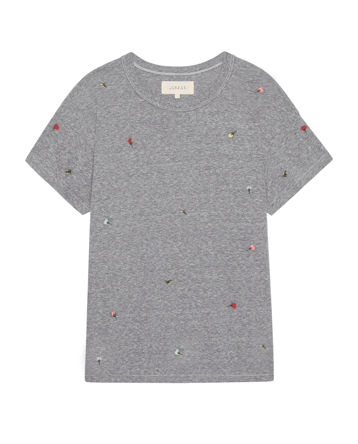 The Boxy Crew w/ Tossed Floral Embroidery. -- Heather Grey