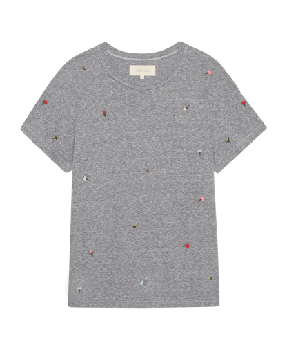 The Boxy Crew w/ Tossed Floral Embroidery. -- Heather Grey